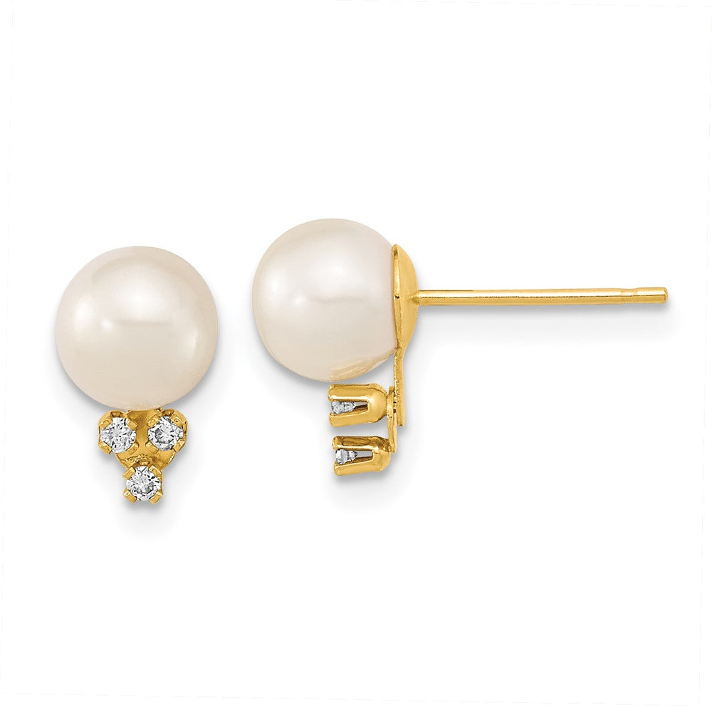 14K Yellow Gold 6 7mm White Round Freshwater Cultured Pearl And .06 Carat Diamond Post Earrings