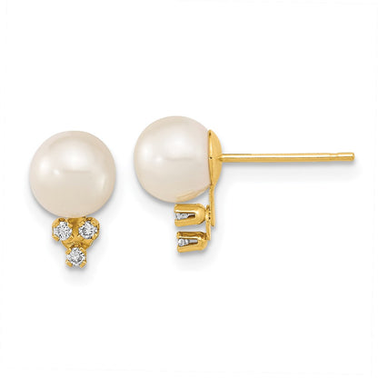14K Yellow Gold 6 7mm White Round Freshwater Cultured Pearl And .06 Carat Diamond Post Earrings
