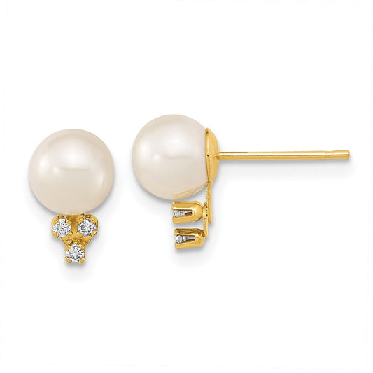 14K Yellow Gold 6 7mm White Round Freshwater Cultured Pearl And .06 Carat Diamond Post Earrings