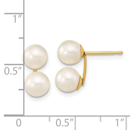 14K Yellow Gold 6 7mm White Round Freshwater Cultured Double Pearl Post Earrings