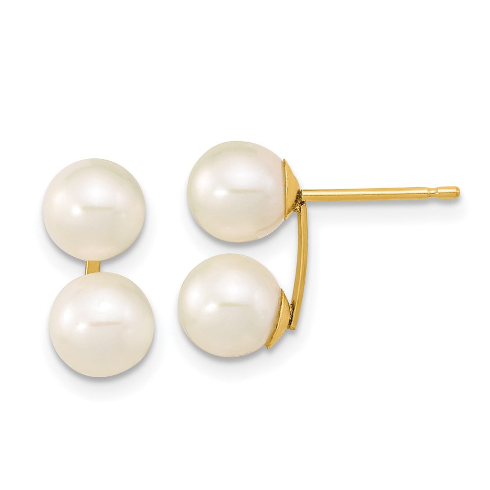 14K Yellow Gold 6 7mm White Round Freshwater Cultured Double Pearl Post Earrings