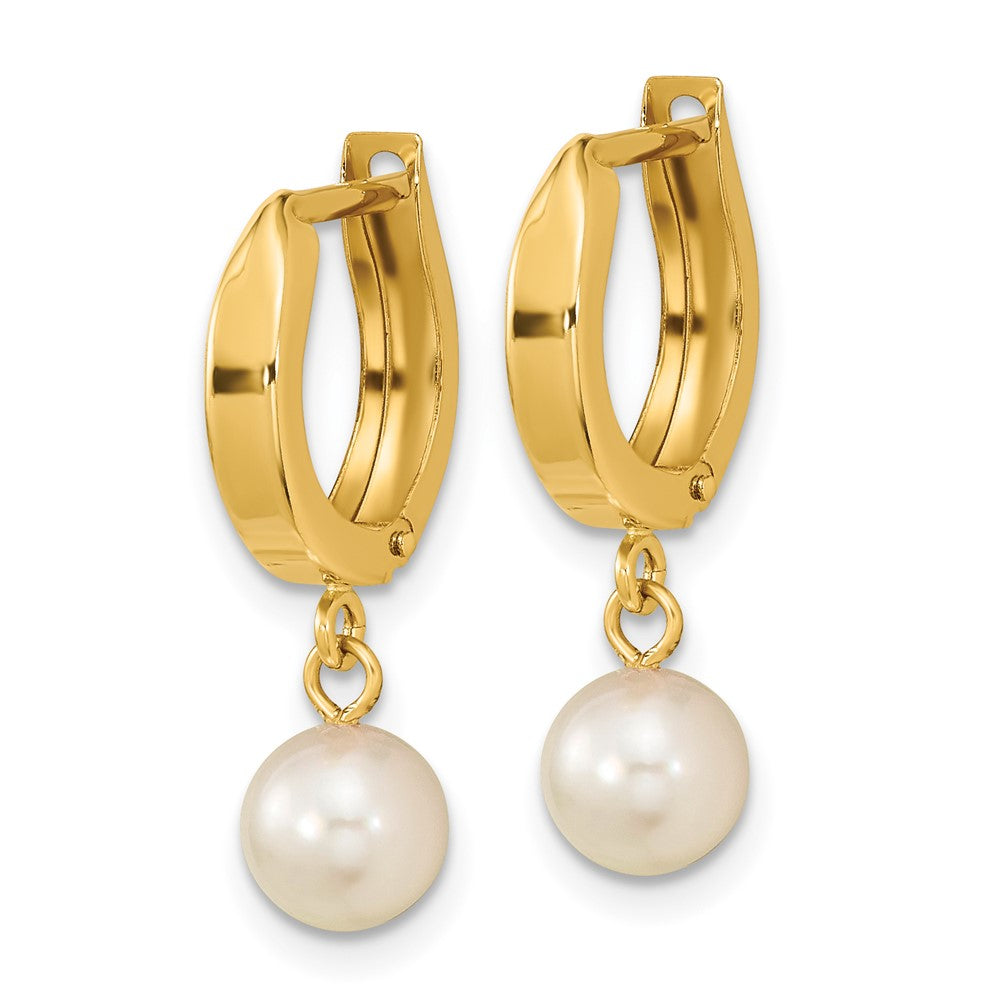 14K Yellow Gold 6 7mm White Round Akoya Saltwater Cultured Pearl Hoop Dangle Earrings