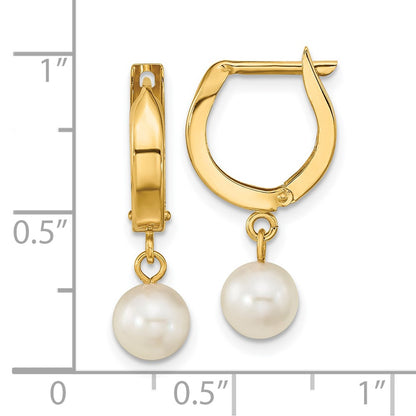 14K Yellow Gold 6 7mm White Round Akoya Saltwater Cultured Pearl Hoop Dangle Earrings