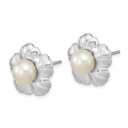 14K White Gold 5 6mm Button Freshwater Cultured Pearl Flower Post Earrings