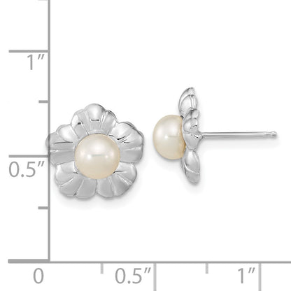 14K White Gold 5 6mm Button Freshwater Cultured Pearl Flower Post Earrings