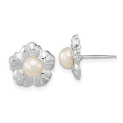 14K White Gold 5 6mm Button Freshwater Cultured Pearl Flower Post Earrings