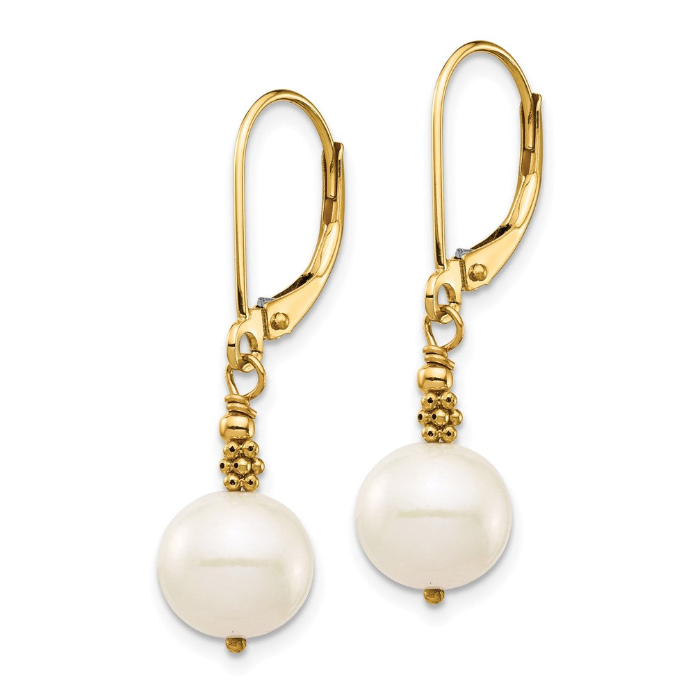 14K Yellow Gold 8 9mm White Near Round Freshwater Cultured Pearl Dangle Leverback Earrings