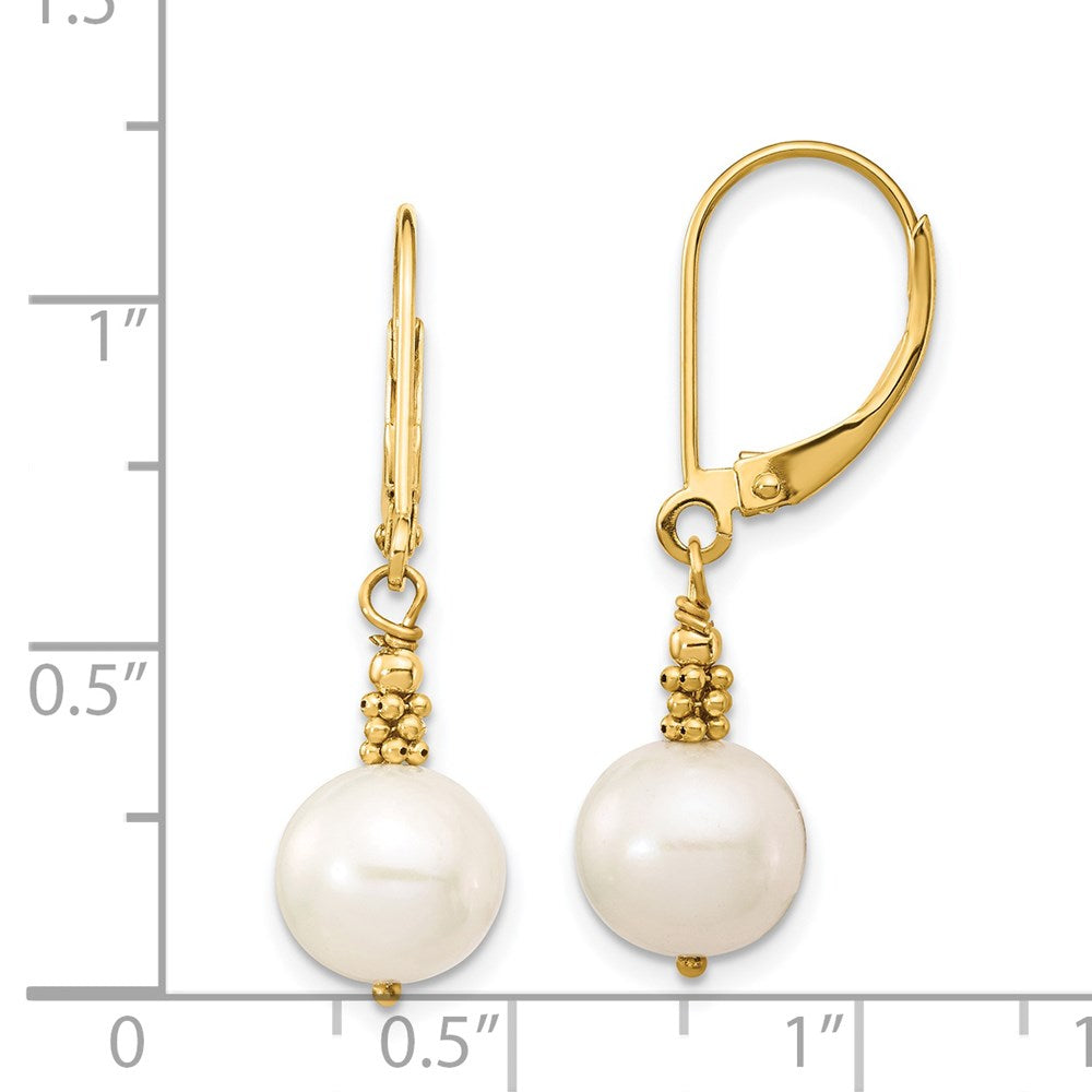 14K Yellow Gold 8 9mm White Near Round Freshwater Cultured Pearl Dangle Leverback Earrings