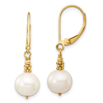 14K Yellow Gold 8 9mm White Near Round Freshwater Cultured Pearl Dangle Leverback Earrings