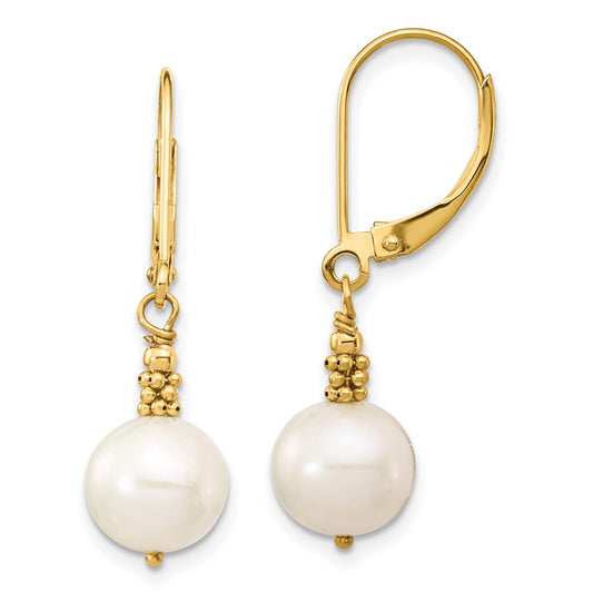 14K Yellow Gold 8 9mm White Near Round Freshwater Cultured Pearl Dangle Leverback Earrings