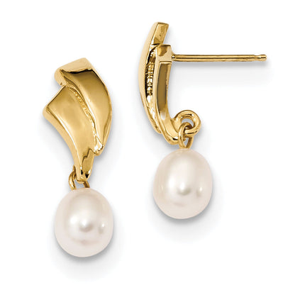 14K Yellow Gold 5 6mm White Rice Freshwater Cultured Pearl Post Dangle Earrings