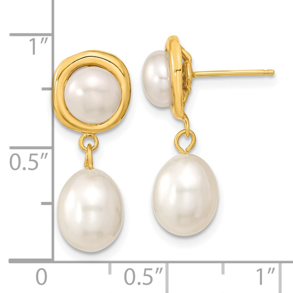 14K Yellow Gold 5 7mm White Button And Rice Freshwater Cultured Pearl Post Dangle Earrings