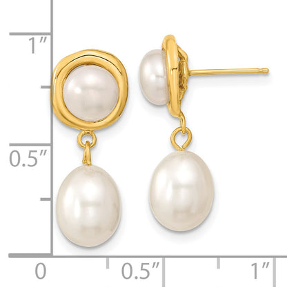 14K Yellow Gold 5 7mm White Button And Rice Freshwater Cultured Pearl Post Dangle Earrings