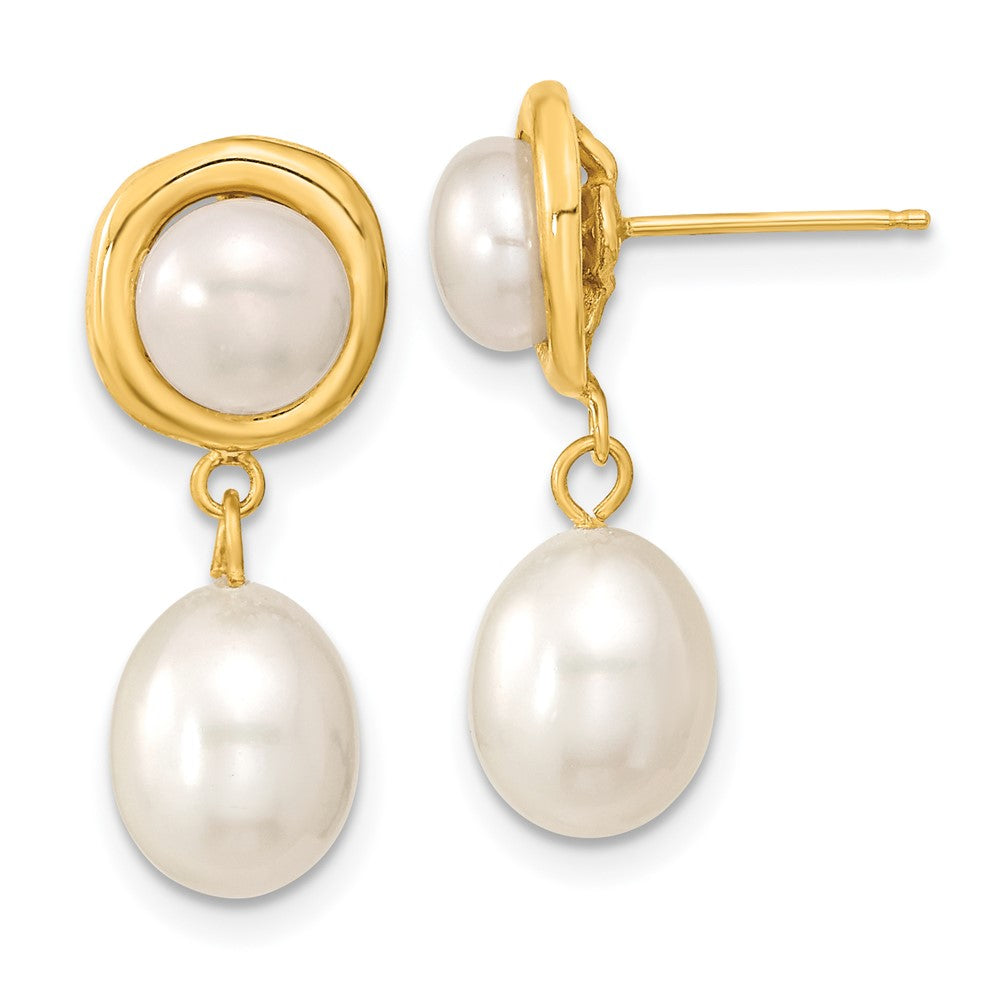14K Yellow Gold 5 7mm White Button And Rice Freshwater Cultured Pearl Post Dangle Earrings