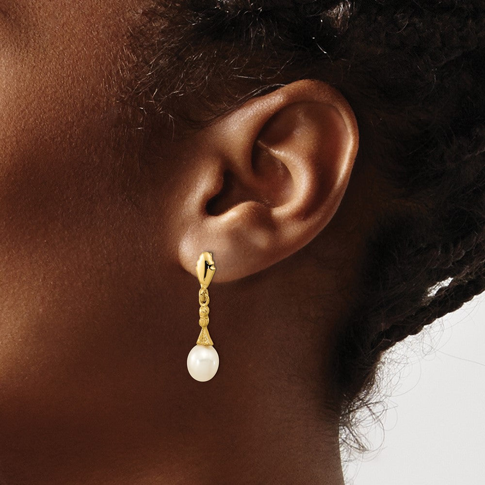 14K Yellow Gold 5 6mm White Teardrop Freshwater Cultured Pearl Post Dangle Earrings