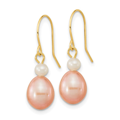 14K Yellow Gold 7 8mm Pink Rice And White Round Freshwater Cultured Pearl Dangle Earrings