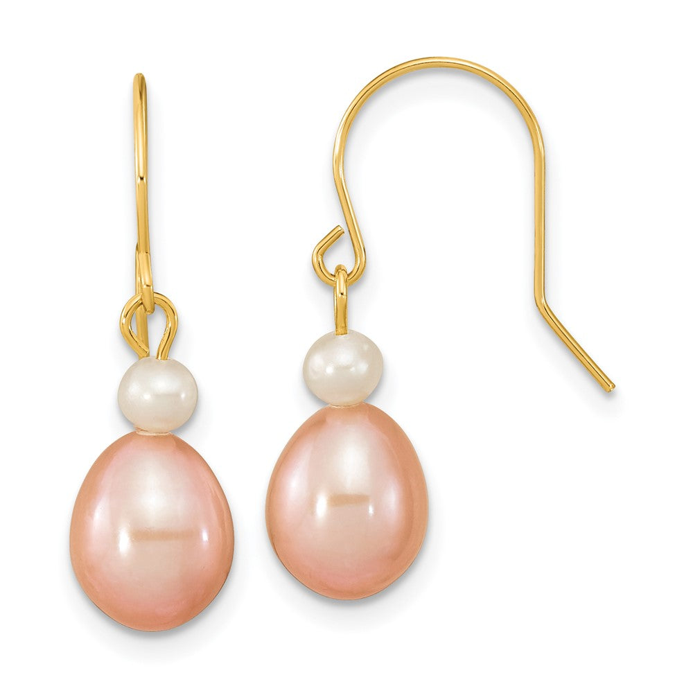 14K Yellow Gold 7 8mm Pink Rice And White Round Freshwater Cultured Pearl Dangle Earrings