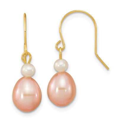14K Yellow Gold 7 8mm Pink Rice And White Round Freshwater Cultured Pearl Dangle Earrings