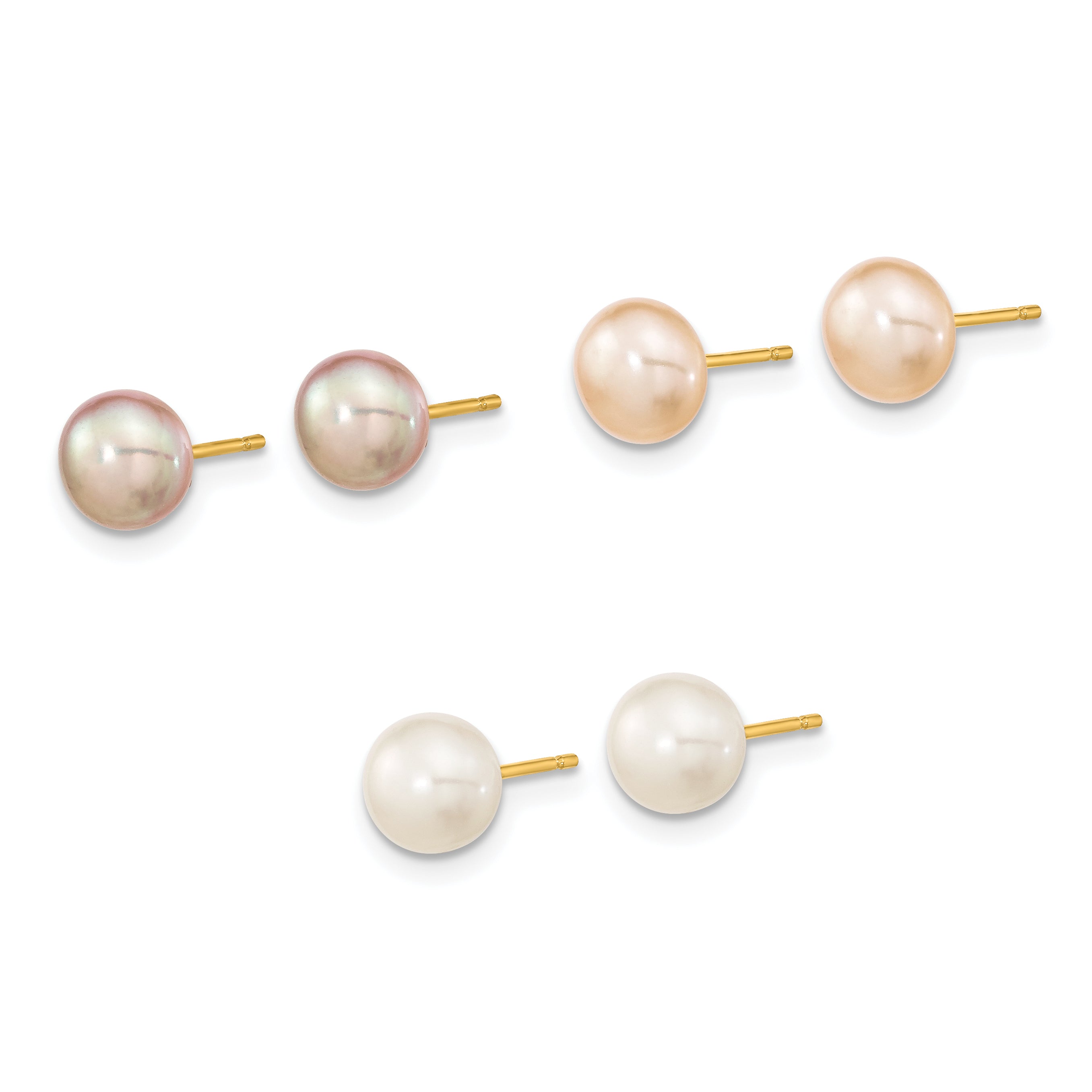 14K Yellow Gold 6 7mm Multicolor Button Freshwater Cultured Pearl Boxed 3 Pair Post Earrings Set