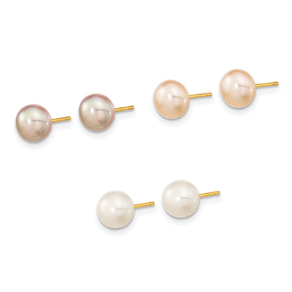 14K Yellow Gold 6 7mm Multicolor Button Freshwater Cultured Pearl Boxed 3 Pair Post Earrings Set