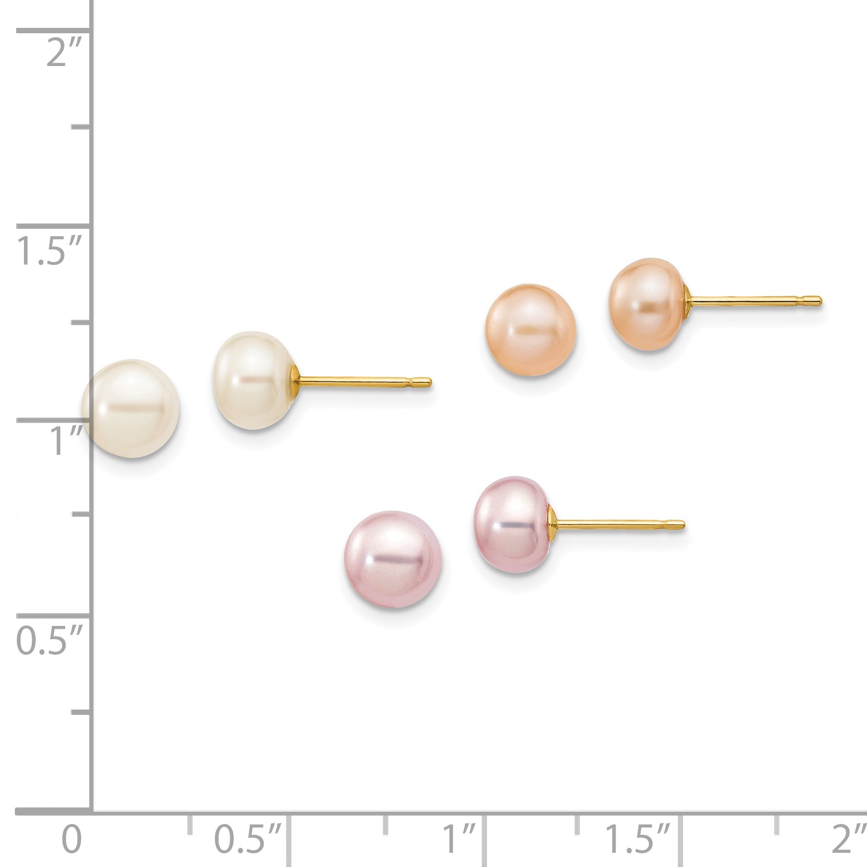 14K Yellow Gold 6 7mm Multicolor Button Freshwater Cultured Pearl Boxed 3 Pair Post Earrings Set