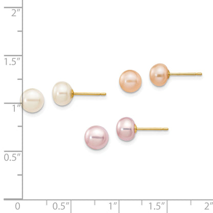 14K Yellow Gold 6 7mm Multicolor Button Freshwater Cultured Pearl Boxed 3 Pair Post Earrings Set