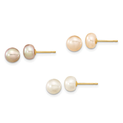 14K Yellow Gold 6 7mm Multicolor Button Freshwater Cultured Pearl Boxed 3 Pair Post Earrings Set