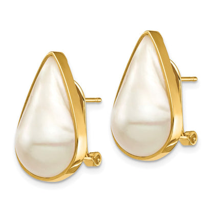 14K Yellow Gold 12X20 White Pear Saltwater Cultured Mabe Pearl Omega Back Earrings