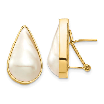 14K Yellow Gold 12X20 White Pear Saltwater Cultured Mabe Pearl Omega Back Earrings