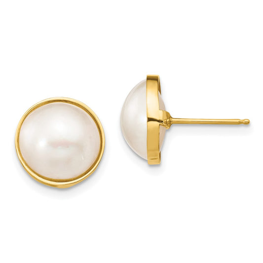 14K Yellow Gold 10 11mm White Mabe Saltwater Cultured Pearl Post Earrings