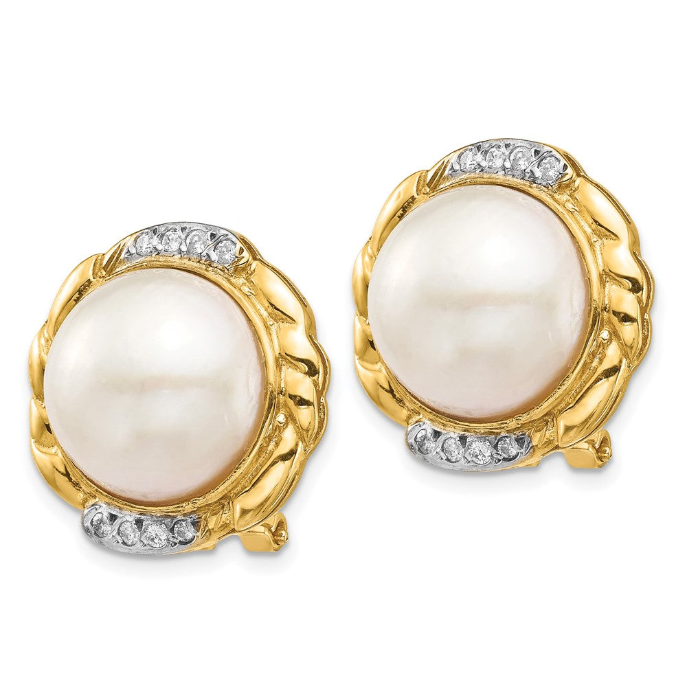 14K Yellow Gold 13 14mm White Saltwater Cultur Mabe Pearl .16Ct Dia Omega Back Earrings