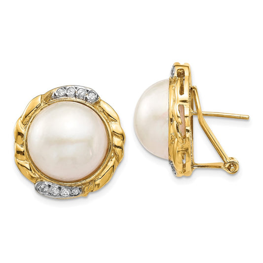 14K Yellow Gold 13 14mm White Saltwater Cultur Mabe Pearl .16Ct Dia Omega Back Earrings