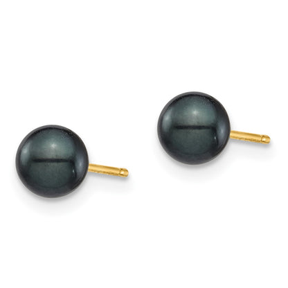 14K Yellow Gold 5 6mm Round Black Saltwater Akoya Cultured Pearl Stud Post Earrings