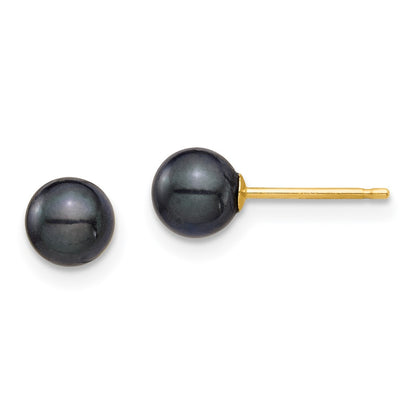 14K Yellow Gold 5 6mm Round Black Saltwater Akoya Cultured Pearl Stud Post Earrings