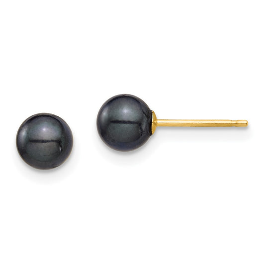 14K Yellow Gold 5 6mm Round Black Saltwater Akoya Cultured Pearl Stud Post Earrings