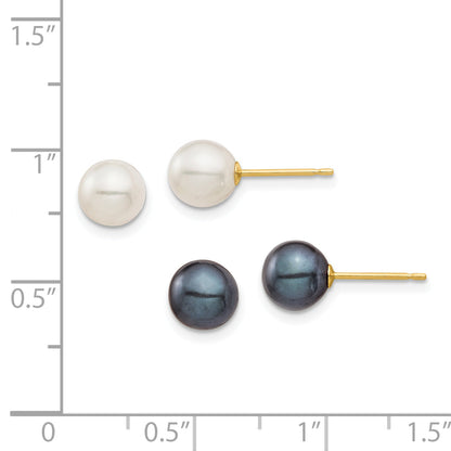 14K Yellow Gold 6 7mm Black And White Round Freshwater Cultured Pearl 2 Pair Stud Post Earrings Set