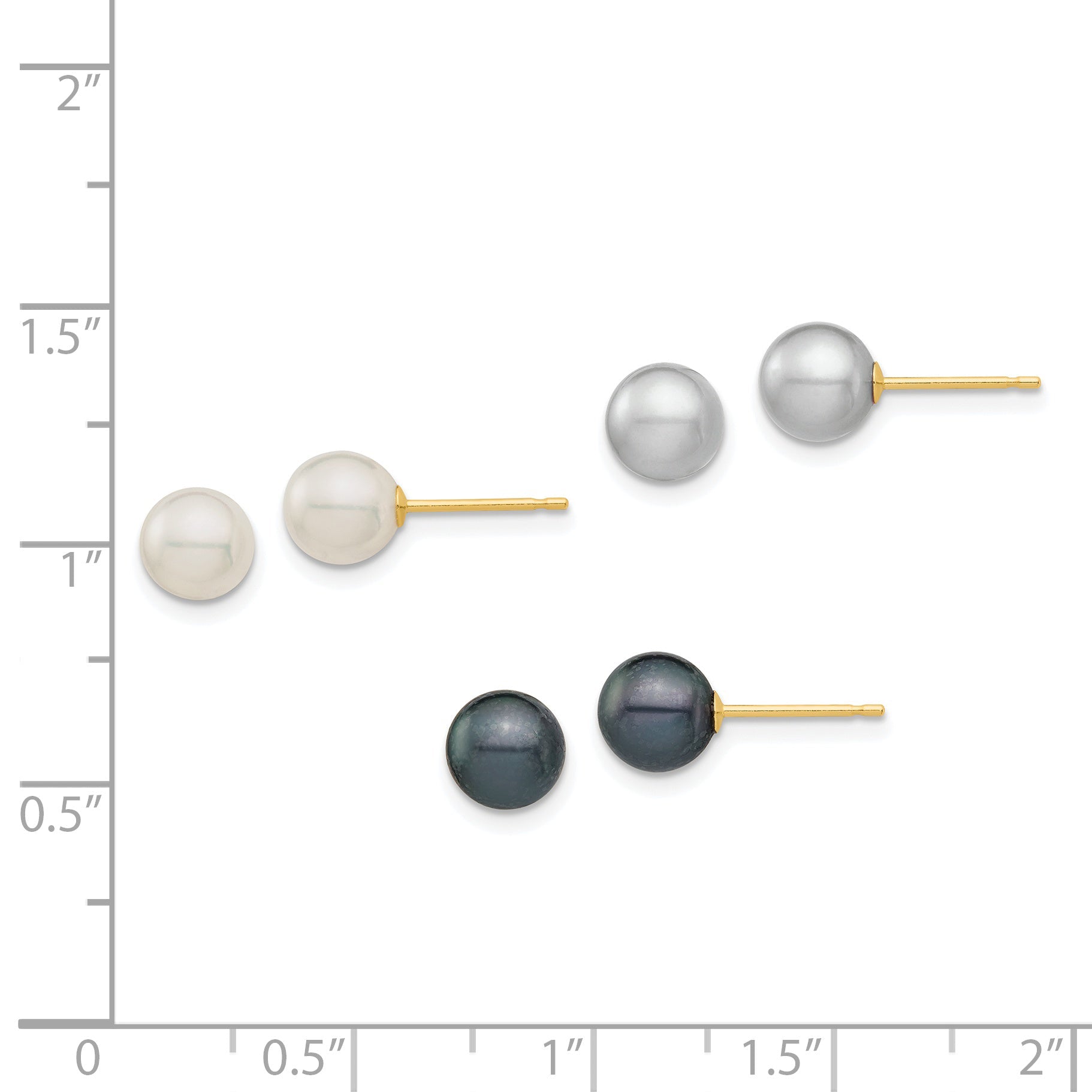 14K Yellow Gold 6 6.5mm White, Grey And Black Round Freshwater Cultured Pearl 3 Pair Stud Post Earrings Set