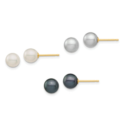 14K Yellow Gold 6 6.5mm White, Grey And Black Round Freshwater Cultured Pearl 3 Pair Stud Post Earrings Set