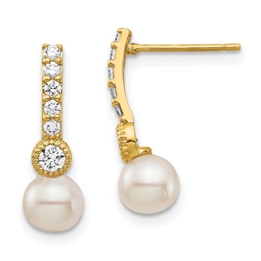 14K Yellow Gold 6mm White Semi Round Freshwater Cultured Pearl Cz Post Drop Earrings