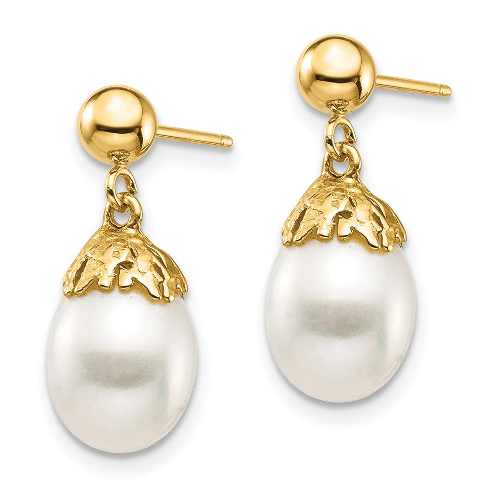 14K Yellow Gold 7 8mm White Rice Freshwater Cultured Pearl Post Dangle Earrings