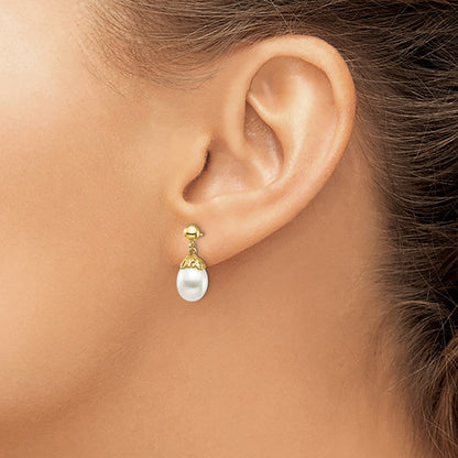 14K Yellow Gold 7 8mm White Rice Freshwater Cultured Pearl Post Dangle Earrings