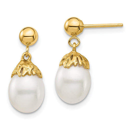 14K Yellow Gold 7 8mm White Rice Freshwater Cultured Pearl Post Dangle Earrings