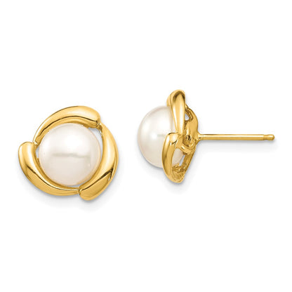 14K Yellow Gold 7 8mm White Button Freshwater Cultured Pearl Post Earrings