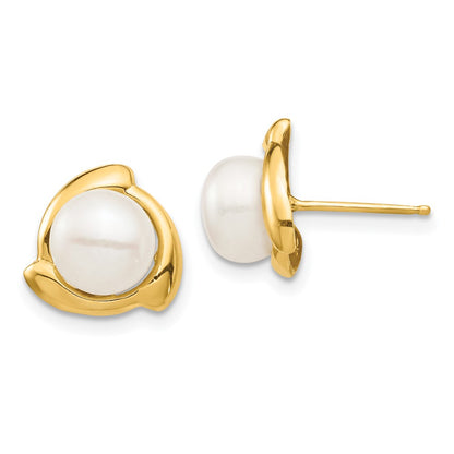14K Yellow Gold 7 8mm White Button Freshwater Cultured Pearl Post Earrings
