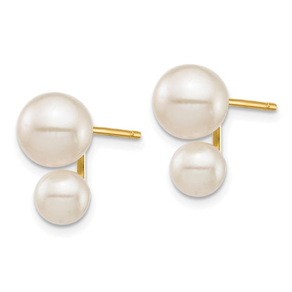 14K Yellow Gold 5mm And 7mm White Round Freshwater Cultured Double Pearl Post Earrings
