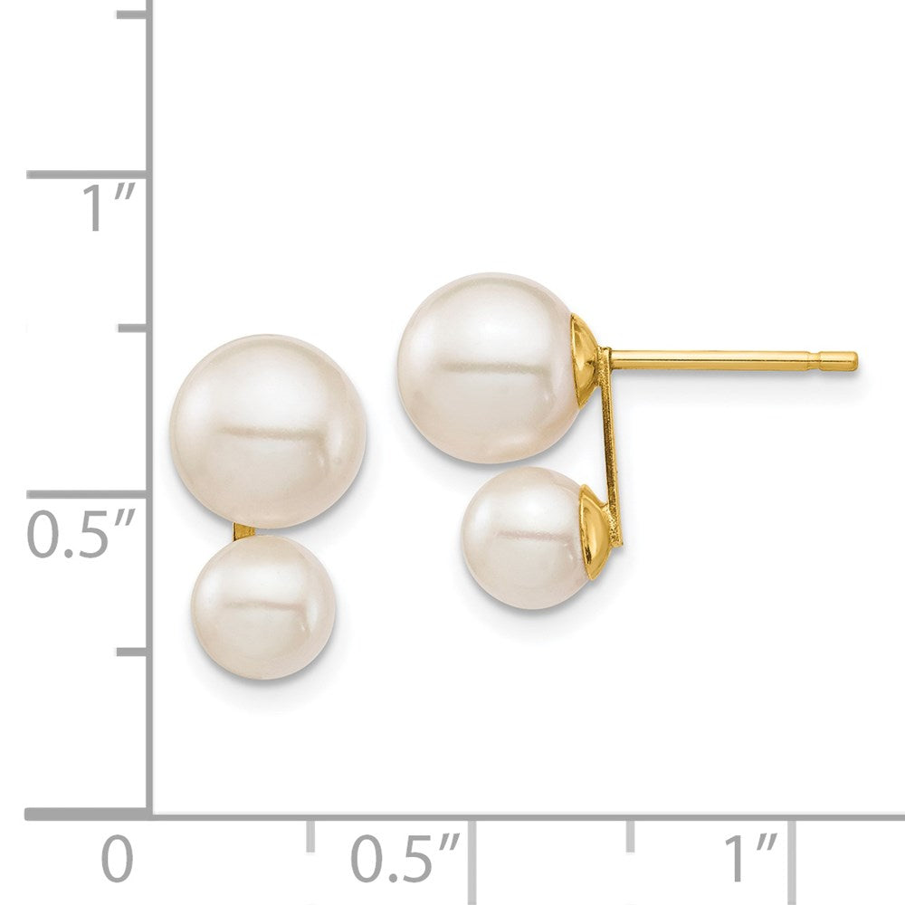 14K Yellow Gold 5mm And 7mm White Round Freshwater Cultured Double Pearl Post Earrings