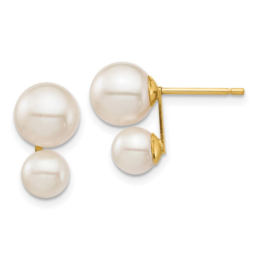 14K Yellow Gold 5mm And 7mm White Round Freshwater Cultured Double Pearl Post Earrings