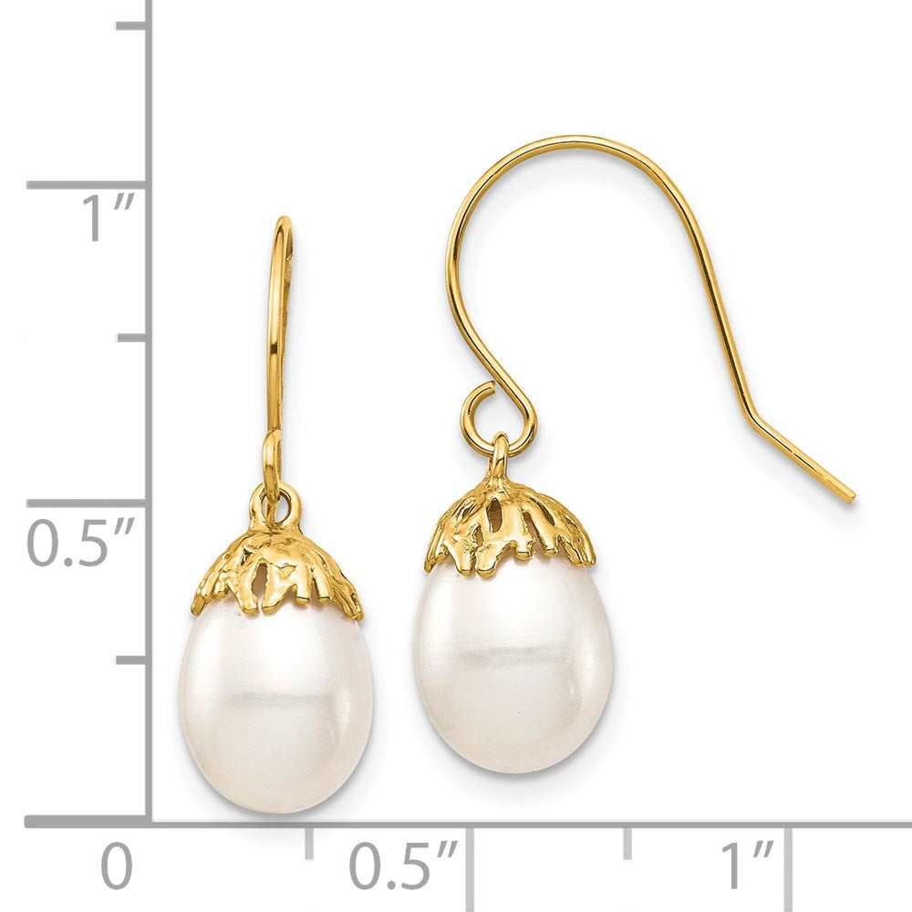14K Yellow Gold 7 8mm White Rice Freshwater Cultured Pearl Dangle Earrings