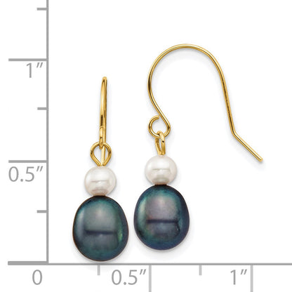 14K Yellow Gold 4 7mm Black Rice And White Round Freshwater Cultured Pearl Dangle Earrings
