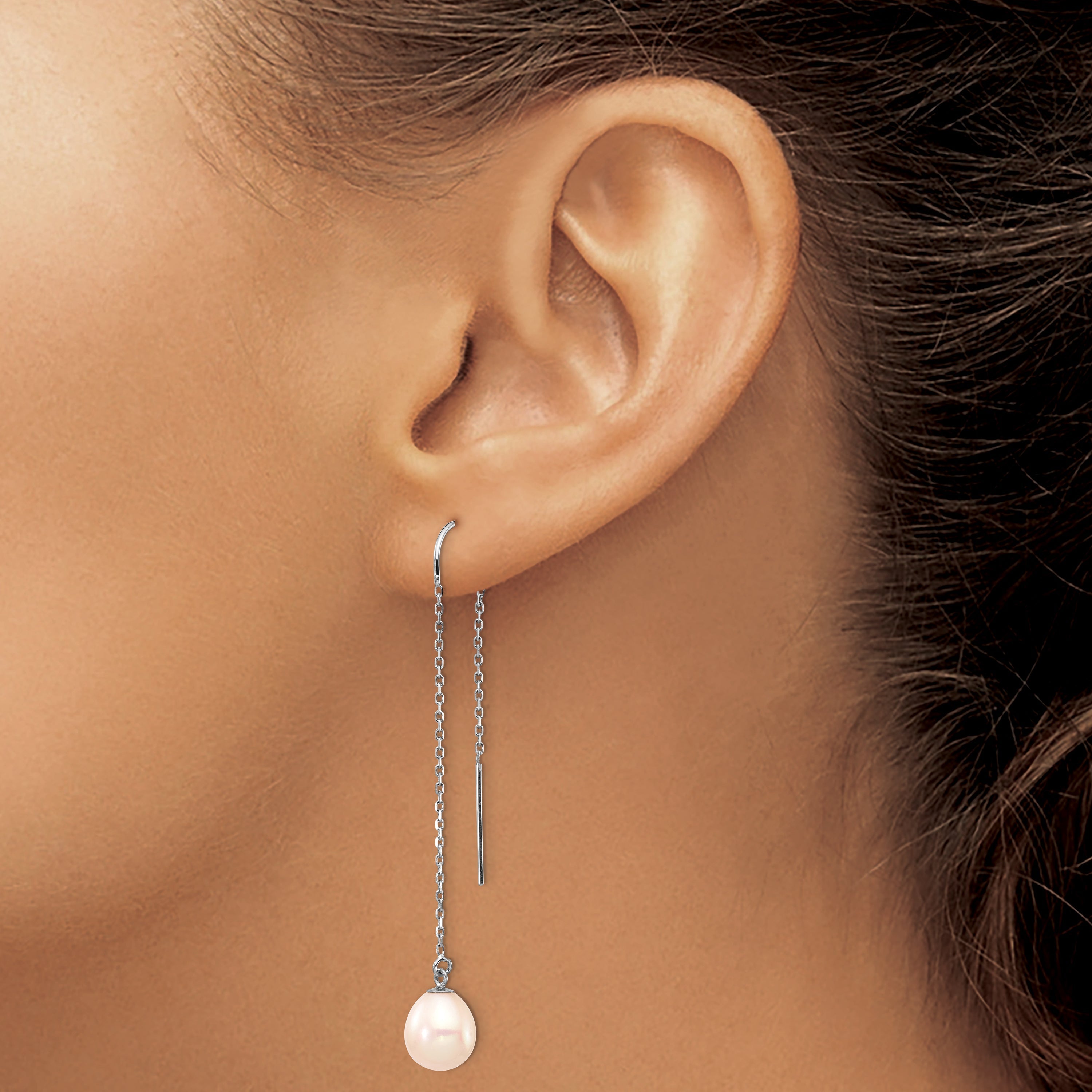 14K White Gold 7 8mm Teardrop Freshwater Cultured Pearl Threader Earrings